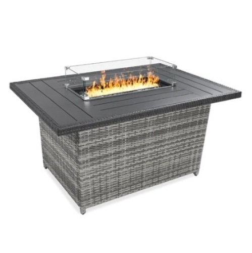Wicker Propane Fire Pit Table, 50,000 BTU w/ Glass Wind Guard & Cover, 52in, Gray - Lot 347
