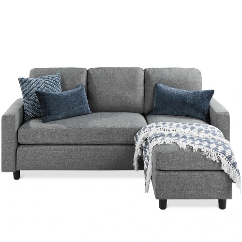Linen Sectional Sofa Couch w/ Chaise Lounge, Reversible Ottoman Bench - Lot 527