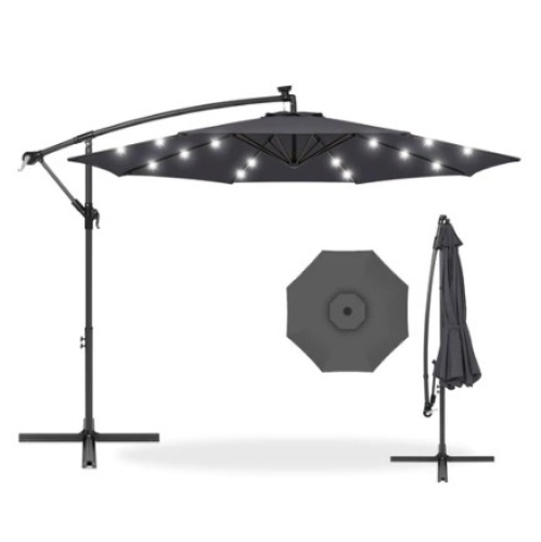 Solar LED Offset Hanging Patio Umbrella w/ Crank Tilt Adjustment,10ft, Gray - Lot 351