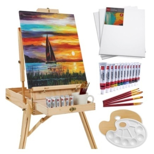 Portable Wooden French Easel w/ 32pc Beginners Kit, Natural - Lot 356