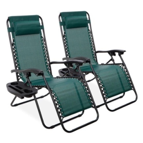Set of 2 Adjustable Zero Gravity Patio Chair Recliners w/ Cup Holders, Forest Green - Lot 357