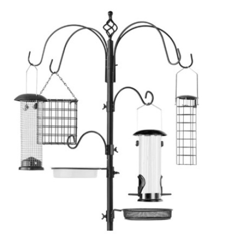 Bird Feeding Station, 6-Hook Steel Multi-Feeder Stand w/ 4 Feeders, 89in, Black - Lot 396