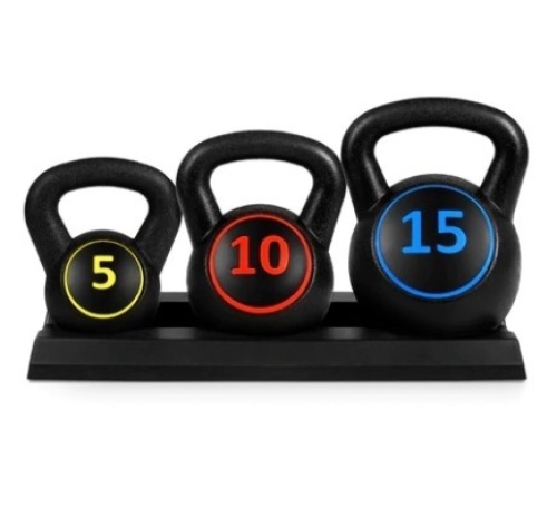 3-Piece Kettlebell Exercise Fitness Weight Set w/ Storage Rack - Lot 403
