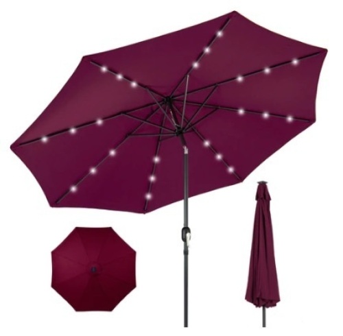 Solar LED Lighted Patio Umbrella w/ Tilt Adjustment, UV-Resistance,10ft, Burgundy - Lot 411
