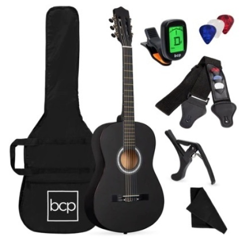 Beginner Acoustic Guitar Set w/ Case, Strap, Digital Tuner & Strings, 38in, Matte Black - Lot 409