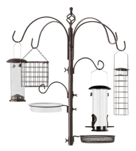 Bird Feeding Station, 6-Hook Steel Multi-Feeder Stand w/ 4 Feeders, 89in, Bronze - Lot 432