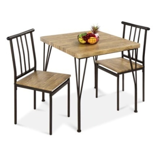 3-Piece Metal Wood Square Dining Table Furniture Set w/ 2 Chairs, Brown - Lot 433