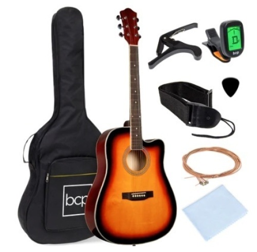 Full Size Beginner Acoustic Guitar Set with Case, Strap & Capo, 41in, Sunburst - Lot 450
