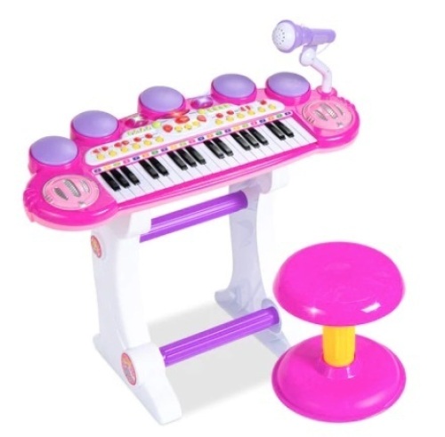 37-Key Kids Electric Keyboard w/ Microphone & Stool, Pink - Lot 468