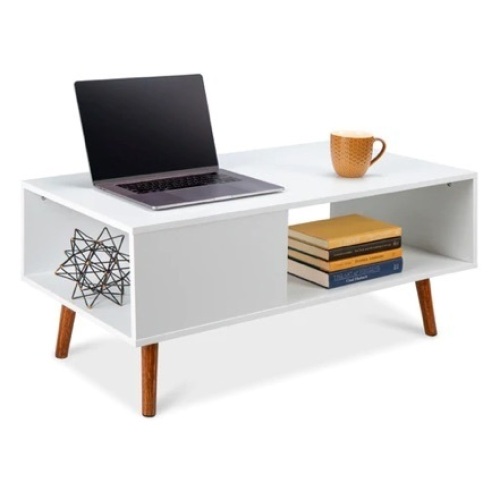 Wooden Mid-Century Modern Coffee Accent Table w/ Open Storage Shelf, White - Lot 469