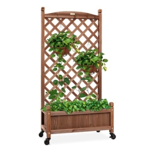 Wood Planter Box & Lattice Trellis w/ Drainage & Optional Wheels, 48in - Lot 470