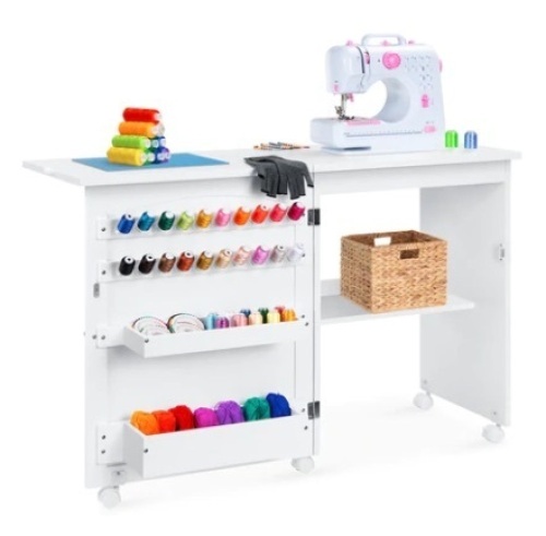 Folding Sewing Table Multipurpose Craft Station & Side Table w/ Wheels, White - Lot 476
