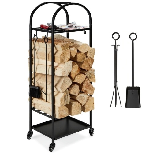 3-Tier Wrought Iron Firewood Log Rack w/ 4-Piece Tool Set, Wheels - 4ft - Lot 579