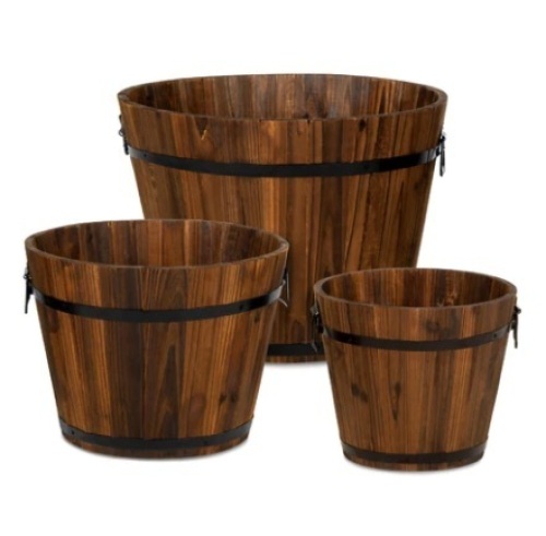Set of 3 Rustic Wood Bucket Barrel Garden Planters Set - Lot 686