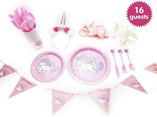Lot of (2) 76pc Party-In-A-Box Unicorn Birthday Kit in Pink with Tableware, Banner, Balloons and Unicorn Headband, 16 Guests - Appear New - Lot 321