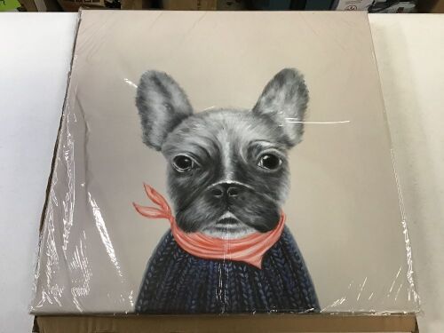 Wood Framed Canvas Wall Art, Puppy Wearing Sweater - Appears New  - Lot 384