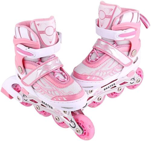 WeSkate Kids Inline Skates with Adjustable Size, Light Up Flashing Wheels, Pink, Size L - Appear New - Lot 430
