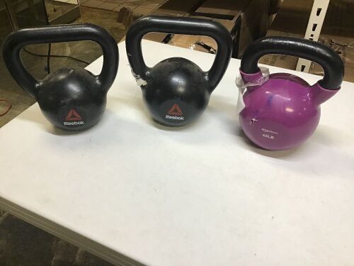 Lot of (3) Kettlebell Weights, Reebok 26Lb, Reebok 35Lb, & AmazonBasics 45Lb - Appear Lightly Used  - Lot 517