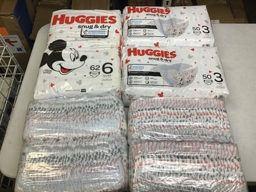 Lot of Huggies Diapers. Size 3, 6, and 1 - Lot 602