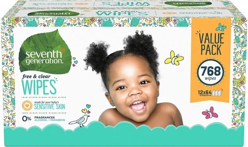 Seventh Generation Baby Wipes, Free & Clear Unscented and Sensitive, Gentle as Water, with Flip Top Dispenser, 768 Count - Lot 604