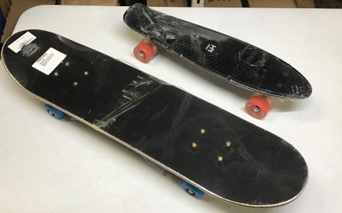 Lot of (2) Complete Skateboards,  (1) Standard Skateboard with Galaxy Desgin and Flashing Wheels, (1) Black Penny Deck - New with Minor Damage, See Pics - Lot 724