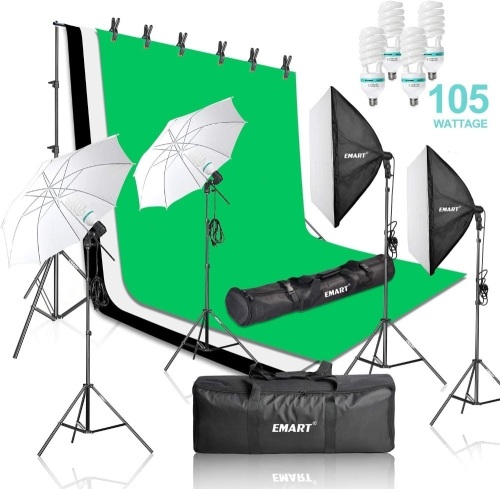 Emart 2000W Photography Video Studio Lighting Kit, Softbox Umbrella Continuous Photo Lighting, 8.5 x 10 Feet Backdrop Stand Support System, 3 Muslin Backdrops. Appears New  - Lot 760
