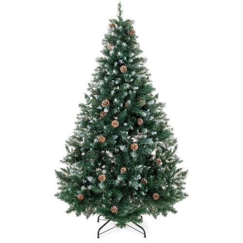 6ft Hinged Artificial Christmas Tree w/ Snow Flocked Tips, Pine Cones, Metal Stand. Appears New - Lot 142