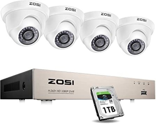 ZOSI Security Camera System with 1TB Hard Drive, H.264 DVR and 4pc 1080P HD Indoor Outdoor Surveillance CCTV Dome Cameras - New - Lot 96