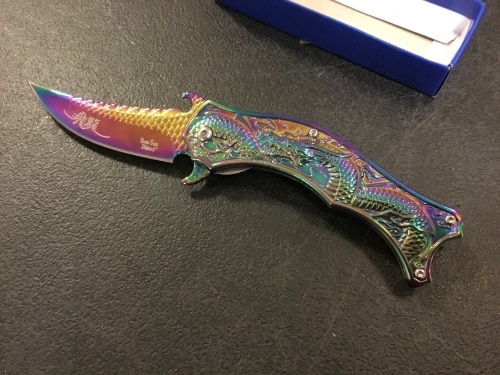 Dark Side Blades Spring Assist Folding Knife, Rainbow Dragon - Appears New   - Lot 323