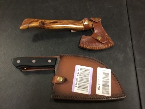 Damascus Hatchet with Wood Handle, Leather Sheath & Cleaver with Sheath - Appear New - Lot 328