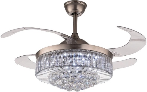 Modern Dimmable LED Crystal Retractable Ceiling Fan with Lights and Remote, 36", Silver - E-Comm Return, Appears New   - Lot 605