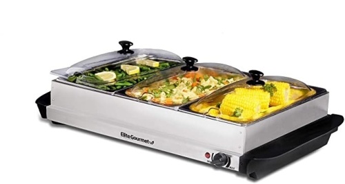 Elite Gourmet Platinum EWM-6171 Maxi-Matic 7.5 Quart Triple Buffet Food Warmer, Slotted Lids, Stainless Steel - Appears New  - Lot 813