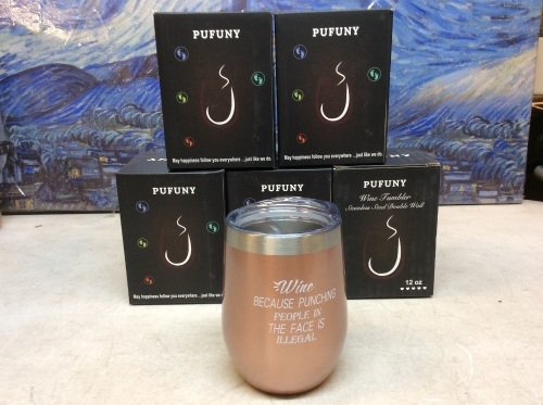 Lot of (5) Pufuny Wine Because Punching People In The Face is Illegal Rose Gold Wine Tumblers, 12 oz - New - Lot 1145