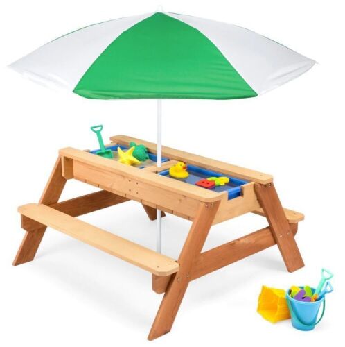 3-in-1 Kids Sand & Water Table Outdoor Wood Picnic Table w/ Umbrella