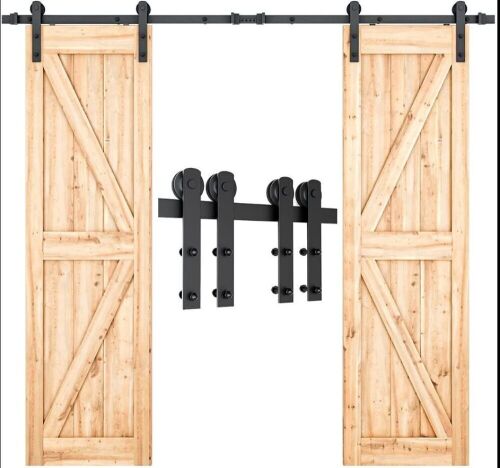 SMARTSTANDARD 8FT Heavy Duty Double Door Sliding Barn Door Hardware Kit,Smoothly