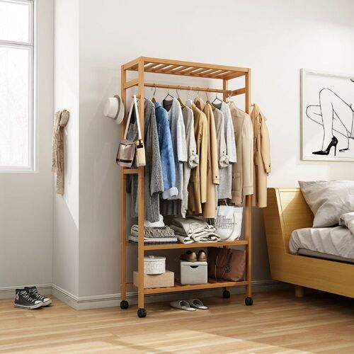 Wooden Garment Clothes Rail Hat Hanging Coat Rack Shelf Heavy Duty Rolling Stand with 2 Tiers Storage Shelves Bookshelf - Lot 790