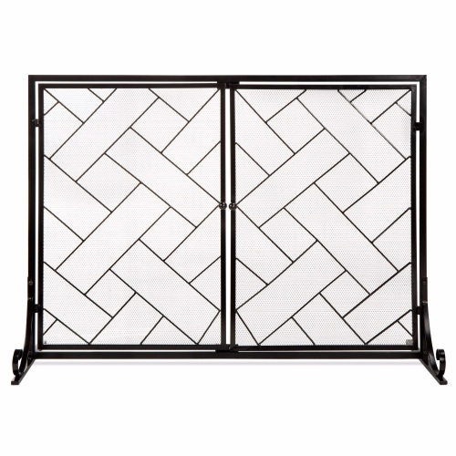 2-Panel Wrought Iron Geometric Fireplace Screen w/ Magnetic Doors - 44x33in 