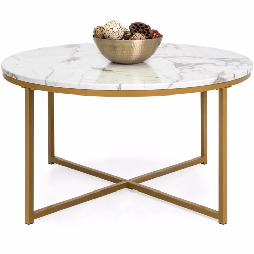 Round Coffee Table w/ Faux Marble Top, Metal Frame - 36in 