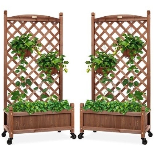 Set of 2 Wood Planter Box & Lattice Trellis w/ Optional Wheels - 48in 