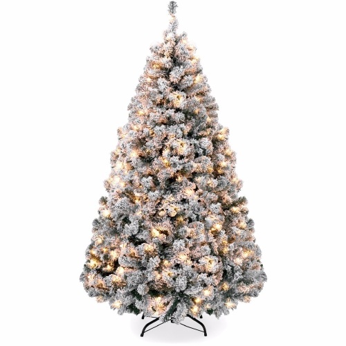 Pre-Lit Snow Flocked Artificial Pine Christmas Tree w/ Warm White Lights 