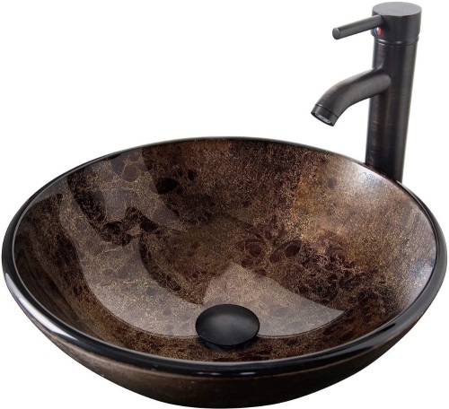 Bathroom Vessel Sink with Faucet Mounting Ring and Pop Up Drain 16.5 Inch Tempered Glass Basin