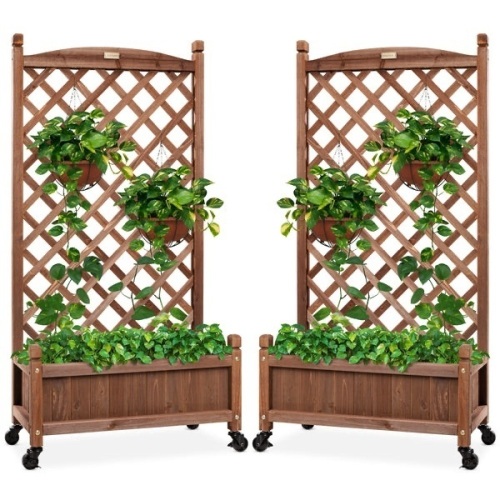 Set of 2 Wood Planter Box & Lattice Trellis w/ Optional Wheels - 48in 