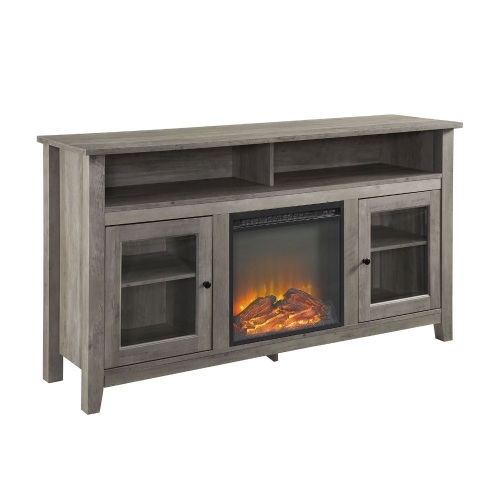 58" Highboy Fireplace Glass Wood TV Stand in Grey Wash by Walker Edison