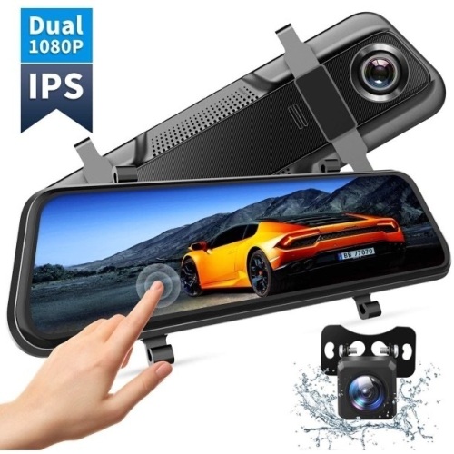 VanTop H609 1080P Rearview Mirror Dual Dash Cam, 10" IPS Full Touch Screen, Infrared Night Vision, Motion Detection, G-Sensor Black  - Lot 882