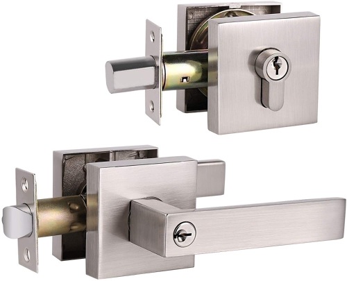 Lot of (3) GOBEKOR Brushed Nickel Entrance Lever Door Handle with Double Cylinder Deadbolt Locksets Keyed Alike