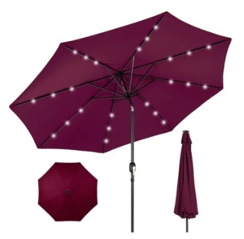 Solar LED Lighted Patio Umbrella, 10ft, Burgundy - Lot 225