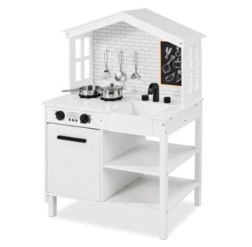 Kids Farmhouse Play Kitchen w/ Chalkboard, Storage Shelves, 5 Accessories, White, Appears New - Lot 251