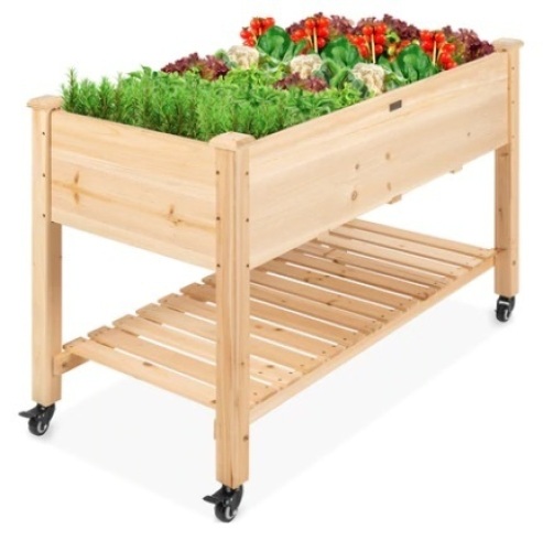 Elevated Wood Planter w/ Wheels & Storage Shelf - Lot 358