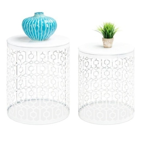Set of 2 Decorative Round Side Accent Table, White - Lot 362
