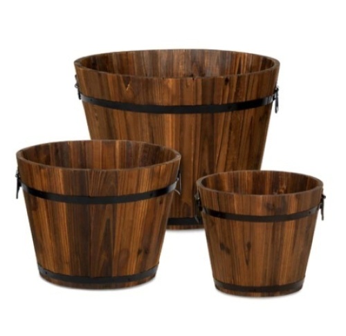 Set of 3 Rustic Wood Bucket Barrel Garden Planters Set - Lot 378